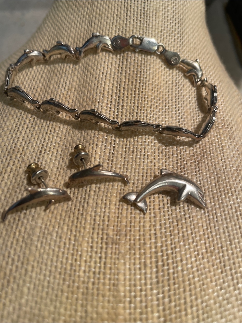 Vintage Dolphin Motif Sterling Silver Bracelet, Pendant & Earring Set
